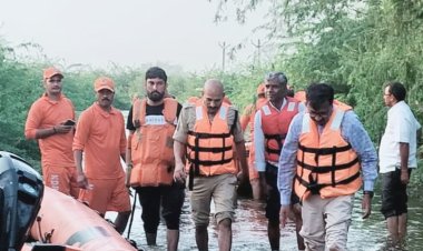 नाव एवं ट्रैक्टर मे बैठकर नेहड़ क्षेत्र में जलभराव का निरीक्षण करने पहुंचे जालोर कलक्टर व एसपी