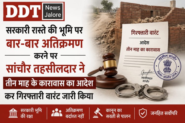 सरकारी रास्ते की भूमि पर बार-बार अतिक्रमण करने पर सांचौर तहसीलदार ने तीन माह के कारावास का आदेश कर गिरफ्तारी वारंट जारी किया
